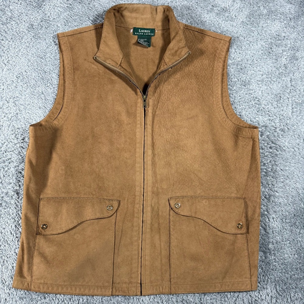 Vintage  Ralph Lauren Vest Womens Large Brown Faux Suede Zip Front Pockets